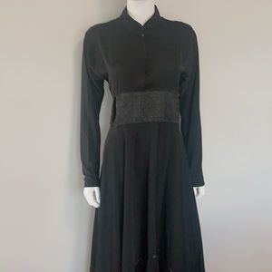 Black flowing A lined Abaya with satin lace detail